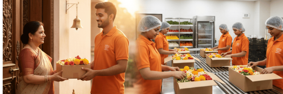 Delivery person or fresh flowers being packaged